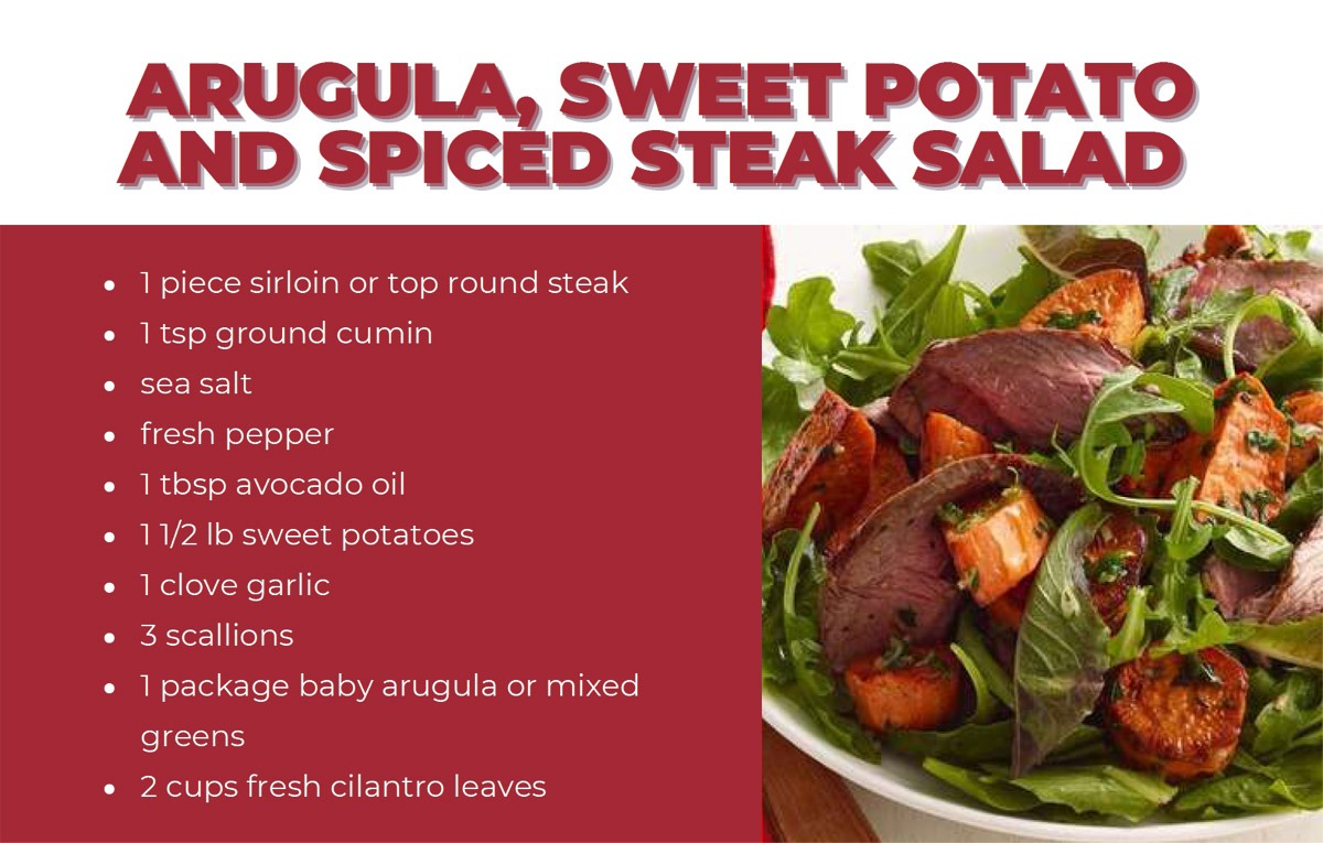 Gut Healthy Recipes - Arugula Sweet Potato and Spiced Steak Salad